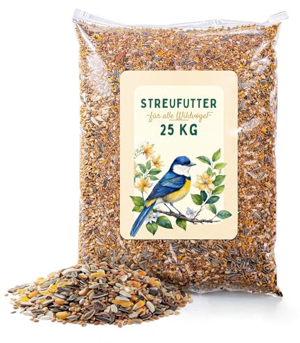 Vogelfutter 25kg - Wildvogelfutter Streufutter - Sonnenblumenkerne, Getreide & Weizen - Ganzjahresfutter für Meisen, Spatzen - Proteinreich - Für Vogelhaus, Futterschale & Garten - Neue Rezeptur