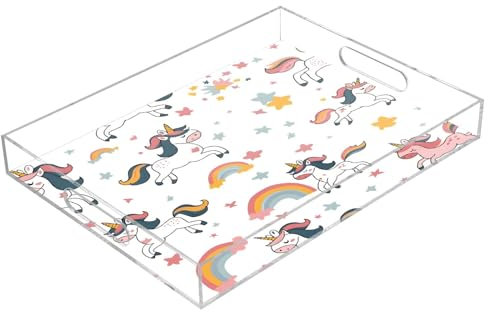 Unicorn Rainbow Star Acrylic Serving Trays, Clear Rectangular Tray with Handles Serving Platter for Coffee Table Kitchen Bathroom