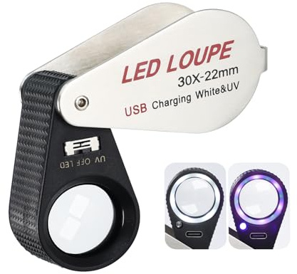 Beleuchtete Juwelierlupe 30x, Wiederaufladbare Juwelierlupe, Faltbare Schmucklupe, LED-Lupe mit 6 LEDs und UV-Licht für Edelsteine, Schmuck, Münzen, Briefmarken, etc.