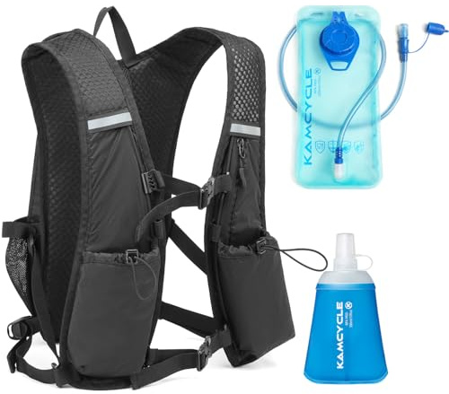 Kamcycle Sac à dos d'hydratation pour la course | Sac à dos d'hydratation pour vélo | Sac à dos de course avec poche à eau 2 l et 1 bouteille souple de 300 ml | Sans BPA | Sac à dos de trail ultra