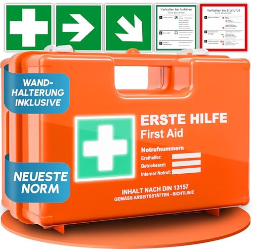 Första hjälpen låda efter ny DIN 13157:2021 inkl. väggfäste, 5 x klistermärken och plombe | första hjälpen resväska för företag, hushåll eller gastronomi – kontorsförbandslåda, sanitetslådor