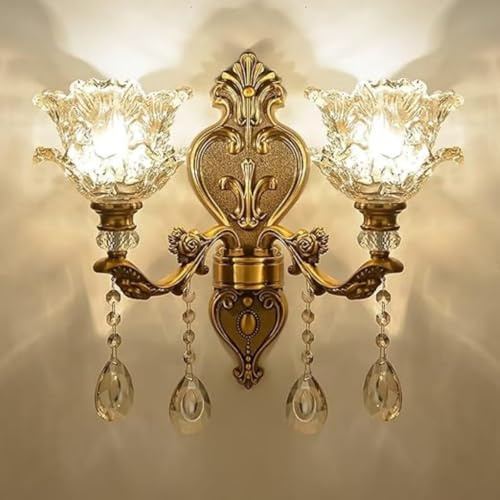 Vintage Wall Lights 2 Head Indoor Crystal Glass Shade&Antique Brass Wall Lamp LED E14 Metal Base Modern Luxury Wall Light Rose Petal Shape Floral Decoration Wall Lamps (Model A)