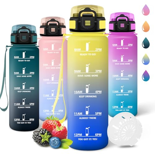 Motswedi Gourde 1l, Réutilisable, Gourde Sport, Anti-Fuite, Bouteille d'eau, avec Marqueur de Temps, Bouteille, Sans BPA, pour Fitness, Sport, Yoga, Randonnée, Jaune&Bleu