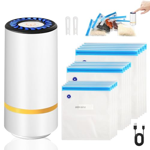 Envasadora al vacío de mano, mini selladora al vacío para alimentos, con 15 bolsas de vacío reutilizables, sellador al vacío USB de mano, recargable para alimentos secos o húmedos