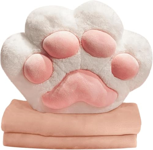 Set da viaggio 3 in 1 a forma di zampa di gatto, coperta in peluche, cuscino e scaldamani, portatile, per auto, aereo, divano, casa e ufficio (bianco)