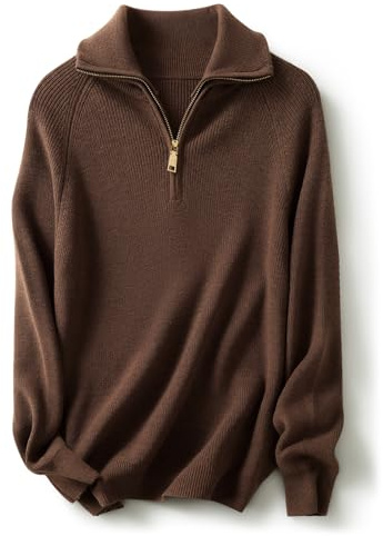 Ciovkis Damen Merinowolle Mischung Pullover 2025 Herbst Winter Polo V Ausschnitt 1/4-Reißverschluss Lange Ärmel Strickpullover (Tan,L)