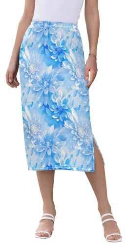 Jupes mi-longues fluides taille haute pour femme avec fleurs de dahlia bleu, Fleurs de dahlia bleu, XX-Large