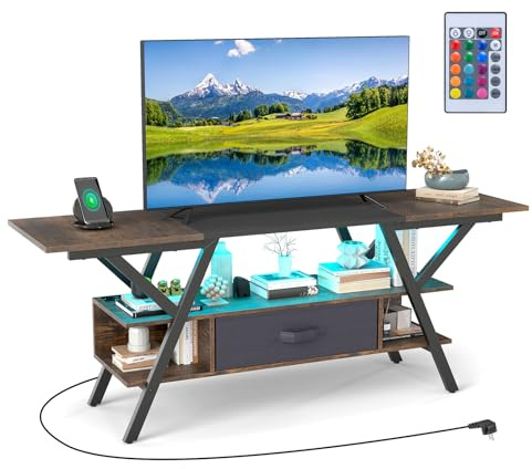 KOMFOTTEU Meuble TV avec Lumières LED réglables en 20 Colorées, Banc TV pour Téléviseurs Jusqu'à 65 Pouces, Table TV, Console à 3 Niveau avec Tiroir & Étagères Ouvertes, 140 x 40 x 54 cm (Industriel)