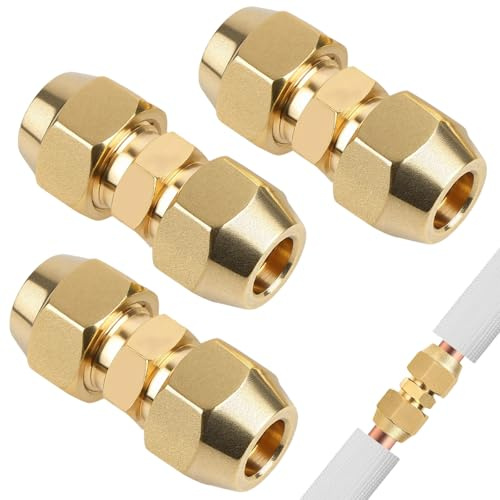TTYSHIP® 3 Pezzi Nippli Doppi per Tubi in Rame 3/8, Giunti per Tubi Rame Condizionatore 9,52mm, Connettore Linea Aria Condizionata Filettato