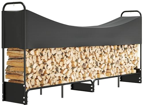 Outsunny 8.5ft Firewood Rack, Heavy Duty Log Storage Holder with Waterproof 600D Oxford Log Cover for Fireplace Fire Pits Outdoor Patio Wood Storage, 300 kg Large Capacity, Black