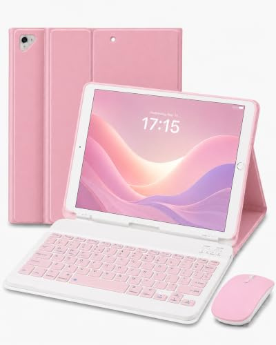 MAYPHY Funda con teclado para iPad 9.7 con mouse, para 6ª generación 2018/5ª generación 2017, funda de teclado inalámbrico desmontable con soporte para lápices, teclado con funda para iPad Air 2/1