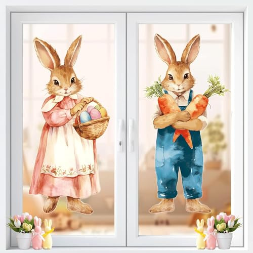 Fensterbilder Ostern Deko, Osterdeko Fenster XXL 80×39CM, Selbstklebende Osterhase und Ostereier, Wiederverwendbar Osterfensterbilder für Fenster, Innendekoration, Tür, Schaufenster, Partys