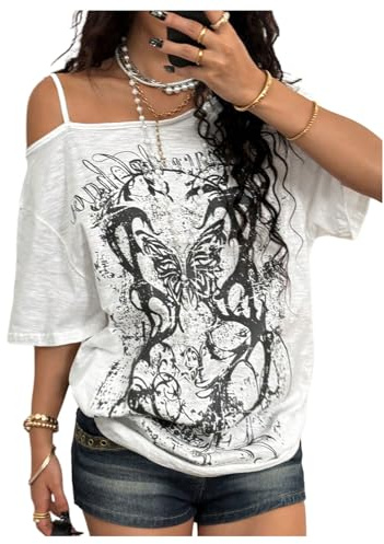 GORGLITTER Women's Y2k Cold Shoulder Tops Gothic Summer Going Out Tee Shirt | Punk Graphic, Cut Out, Short Sleeve, Loose, Streetwear，party, Sexy, Holiday, Clubbing, Festival Outfits