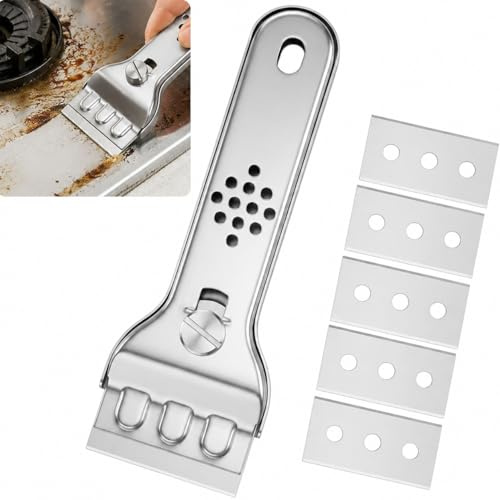 Oven Cleaning Kit with 5 Replacement Attachments, Multi-Purpose Glass Scraper for Ceramic Hob, Induction Cooktop and Window, Non-Scratch Stainless Steel Cleaning Tool