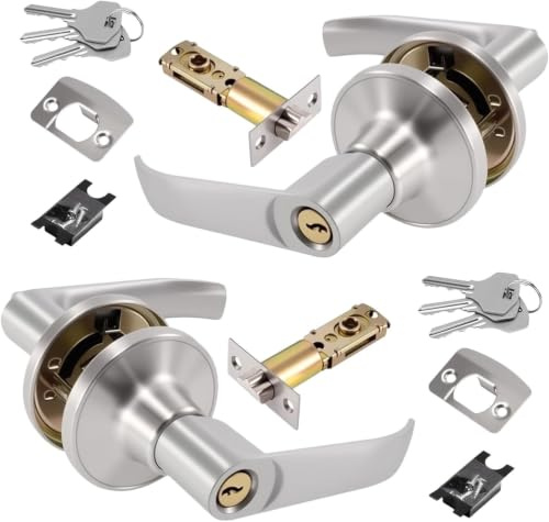 Thhiit 2Pack Door Handles with Lock and Key, Silver Aluminium Alloy Handle Internal Wooden Doors for Bathroom Bedroom (25-45MM)
