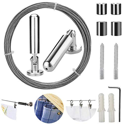 Pinowu Wall Mount Curtain Rod Set for Art Display - Stainless Steel Photo Hanging Clothesline Window Curtain Tension Wire Multi-purpose Crafts Organizer (5 Metres)