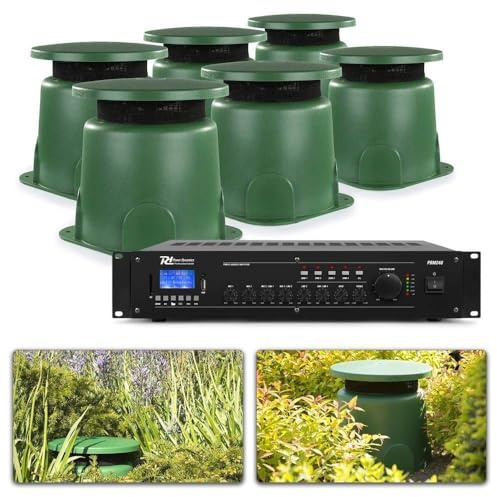 Power Dynamics 6X Gartenlautsprecher Set Wetterfest – 360° Sound, 4 Zonen Verstärker 100V & Bluetooth – Outdoor Audio Anlage für Große Gärten, Gastro – Grün inkl. 100m Kabel