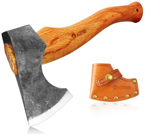 NedFoss 13 Hatchet with Leather Sheath, Forged Carbon Steel Axe, Hatchets for Camping and Survival, Bearded Axe with Beech Handle, Bushcraft Axe, Carving Axe, Chopping Splitting Axe (Hippo)
