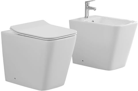 Yellowshop - Sanitari bagno a terra filo muro - Set vaso rimless e bidet completo di coprivaso soft-close serie Plain