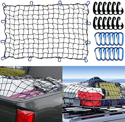 Funmit 4 x 6 Ft Cargo Net for Roof Basket and Pickup Bed, Nice Elasticity Stretches to 8 x 12 Ft with 24 Carabiners, Bungee Cargo Netting Design for Most Car Models