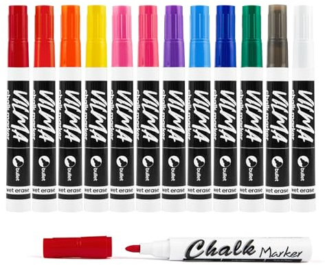 VILMA Liquid Chalk Markers Window Marker for Cars Glass pens Wet Erase Marker Washable Blackboard Pen for Car Window, Mirrors,Signs,Crafts, 2MM Tip 12 Pack,12 Colors