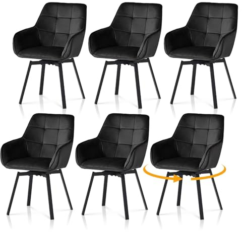 TUKAILAI Esszimmerstühle Drehbar Samt mit Armlehnen, Schwarz, 6er Set | Drehstuhle esszimmer,Armlehnstuhle,Küchenstühle,Rückenlehne, Gepolsterter Sitz, Metallbeine,für Esszimmer Wohnzimmer Küche