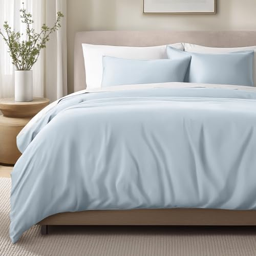 Bare Home 100% Organic Cotton Sateen Duvet Cover Set - Full/Queen Size - 400 Thread Count - Smooth Sateen Weave - Warm & Luxurious - Duvet Cover (Queen, Winter Blue)