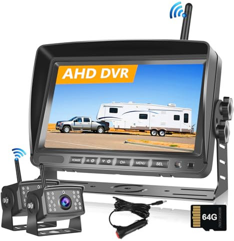 Hodozzy Digitale Kabellos Rückfahrkameras DVR Videoaufzeichnung-7 Zoll IPS Monitor AHD 2 Kameras mit 32 GB SD-Karte, Drahtlose Front/Rückfahrkamera Auto wasserdichte Nachtsicht -Einparkhilfe 12V-36V