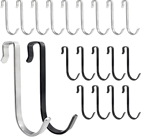 HLIWS Duschwand Haken-20 Stück 10mm Türhaken zum Einhängen,S Haken,haken für duschwand,für Duschabzieher Handtücher Bademäntel(10 schwarz,10 silber)