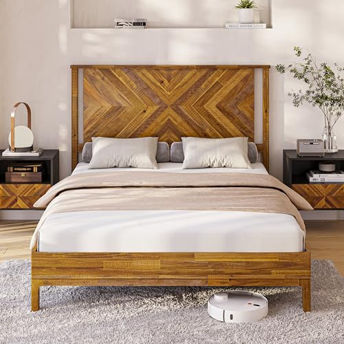 Bme Vivian 14 Inch Deluxe Bed Frame with Headboard, Rustic & Scandinavian Style with Solid Acacia Wood, No Box Spring Needed, 12 Strong Wood Slat Support, Easy Assembly, Queen, Rustic Golden Brown