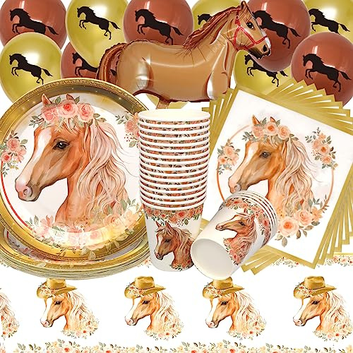 Pferde Geburtstag Deko,Doyomtoy 74 Stück Partygeschirr Set Geburtstag Party Set Geburtstagsteller Tassen Servietten Horse Balloon Geburtstags für Kinder Party Decoration
