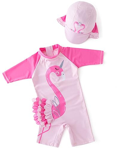 Tyidalin Tuta Costume da Bagno Intero Ragazze Bambina Protezione Solare UPF 50+ con Cappello da Sole Cartone, Rosa Chiaro, 80-86 (Etichetta 3)
