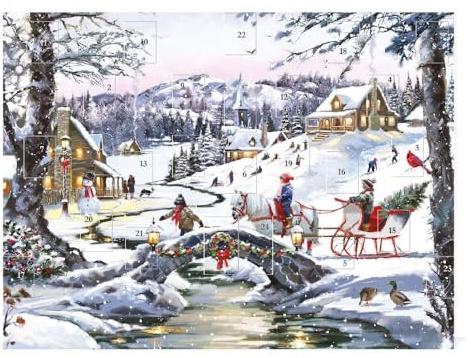 Calendario de Adviento tradicional, sobre un río nevado, sin chocolate