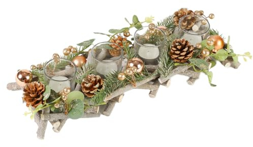 Christmas Table Decoration Tea Light Candle Holder Jar Four Section Pine Cone & Natural Wood Christmas Winter Table Centrepiece Décor Festive Tealight Holder Xmas Table Decorations (Gold)