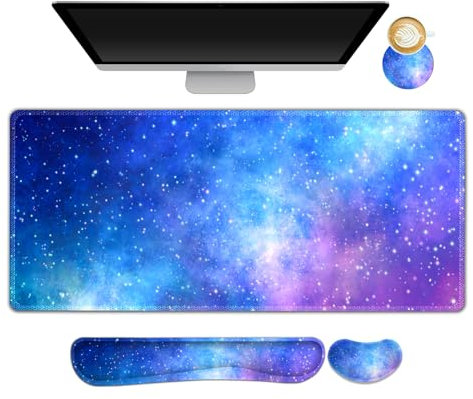 Lauspuck Tapis de bureau, tapis de souris de jeu avec repose-poignet, grand tapis de souris XXL + support de poignet pour clavier + repose-poignet + dessous de verre au design ergonomique 4 en 1 pour