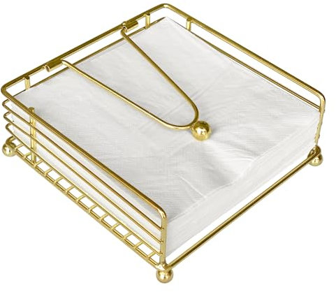 hiwafifi Napkin Holder for Table, Flat Napkin Dispenser with Weighted Arm, Square Cocktail Paper Holder of Elegant Rustic Iron for Kitchen Dining Room Decor Restaurant Farmhouse Hotel Party, Gold