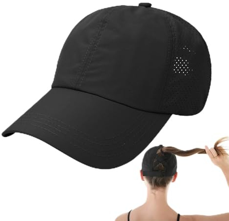 KRYMSON Casquette de Course Pour Femme - Noire, à Queue de Cheval Croisée en Maille, à Séchage Rapide, Réglable
