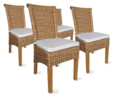 ELYFLAIR® Esszimmerstuhl Rattan - belastbar bis 200kg - Esszimmerstühle aus FSC-zertifiziertem Rattan - Handgefertigte Stühle Esszimmer (Mit Sitzkissen, 4er)