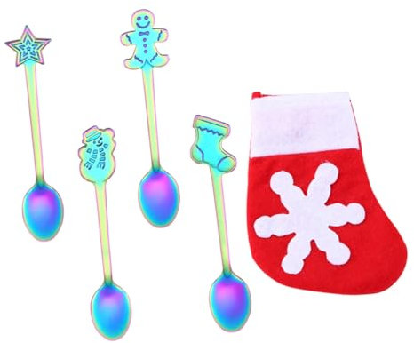 KICHOUSE 5-teiliges Set Weihnachtsgeschirr-kit Rühren Kaffeelöffel Weihnachtsmann Weihnachtsgeschirrbeutel Servierlöffel Weihnachtsbestecktasche Esslöffel Weinflasche Silberlöffel
