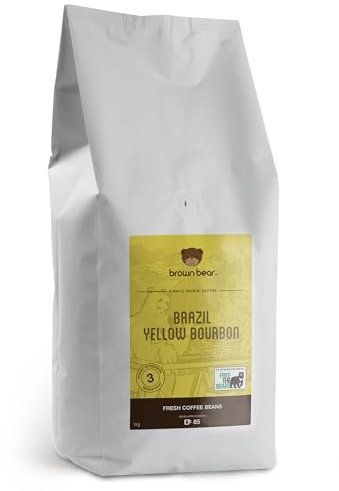 Brazilian Coffee Beans 1kg - Brazil Yellow Bourbon Speciality Coffee - Medium Roast - Brown Bear - Suitable For All Machines - Strength 3