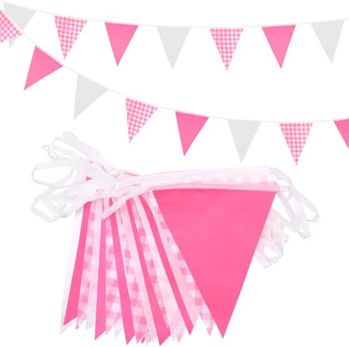 Wimpelkette, 20 m, 52 Stück, rosa-weiß, kariert, 16 × 22 cm, Polyestergewebe, wiederverwendbar, dreieckige Flaggen, Banner für drinnen und draußen, Geburtstag, Kinder-Party-Dekorationen