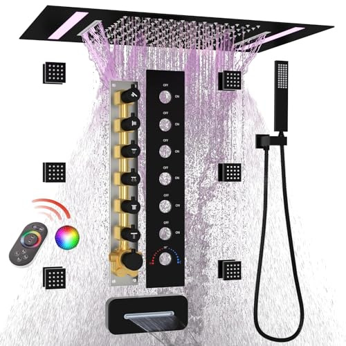 GETSHOWERSET Wall Mounted Concealed Shower System with 6pcs Body Jets and Up/Down Spout, Brass Thermostatic Shower Mixer Set with LED Large 3 In 1 Modes 14x20inch Rainfall Shower Head and Spray, Black