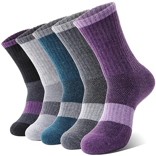 MOSEY KOSY Calcetines de Senderismo para Mujer con Lana Merino Térmicos y Transpirables para Trekking y Trabajo Exterior 5 Pares