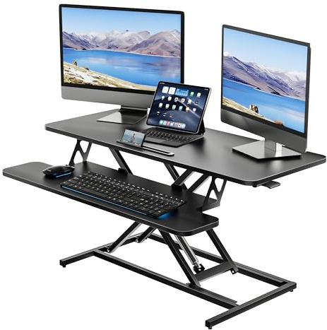 ERGOMAKER Höhenverstellbarer Schreibtischaufsatz 101x40 für Homeoffice&Büro | Stehpult mit Tastaturablage für Bildschirme & Laptop,Sitz-Steh-Wechsel fördert Gesundheit,Leichte Höhenverstellung,15 kg
