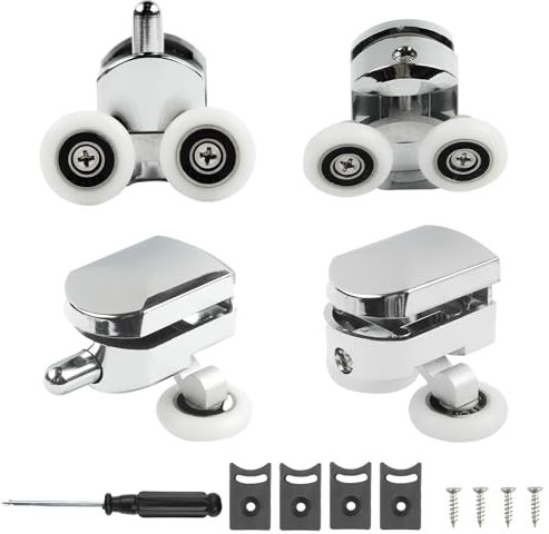 4Pcs Chrome Plated Shower Glass Door Rollers, 23mm Curved Shower Door Wheel, Shower Replacement Twin Roller, Bathroom Door Fixing Pulley with Anti-Slip Screwdriver for Glass Door Hole Diameter 10-12mm