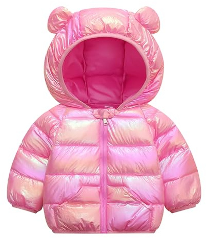 JinBei Vinterjacka pojkar vinterrock flickor quiltad jacka varm barnjacka med huva ultralätt barn enfärgad söt baby ytterkläder jacka med fickor, ålder 1–5 år, rosa, 4-5 år