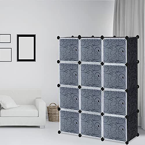 UISEBRT Garderob hyllsystem 12 kuber gör-det-själv garderobsskåp plast sovrumsskåp plugghylla med dörr och skoskåp för kläder böcker leksaker – 105 x 35 x 140 cm svart
