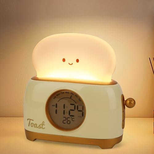 Cute Toast Lamp LED Night Light, USB bedside lamps Rechargeable kids nightlight Multifunctional Dimmable Toaster Light Kids Alarm Clock with Time, Week, and Temperature Display Cute Room Decor