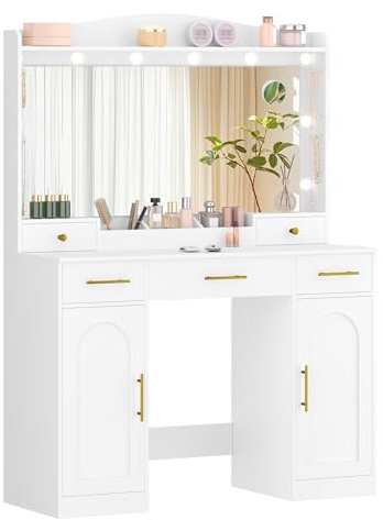 Hzuaneri Schminktisch mit HD Großer Spiegel, Schminktisch mit 3 Farbig Einstellbare LED-Leuchten, 5 Schubladen und 2 Stauschrank, Offene Aufbewahrung, Schlafzimmer, 40 x 108 x 149 cm, Weiß DT41003X