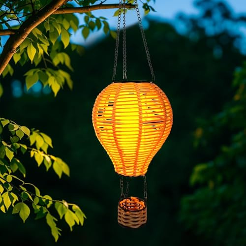 Solarlaterne für Außen Wetterfest Rattan Solar LED Heißluftballon Windlicht Lampions Hängend Gartenlaterne Solar Laterne für Draußen Gartendeko Led Laterne Outdoor für Balkon Terrasse Rasen (1PC)